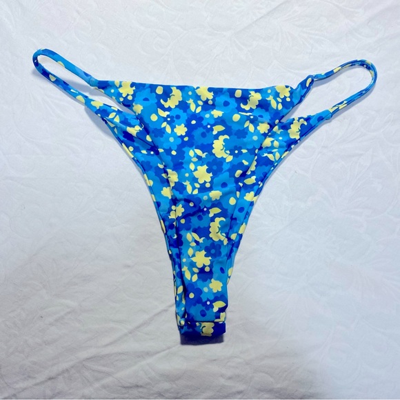 Cute Cheeky Thong Swim Bottoms Swimsuit Bikini Brief Swimwear Blue Floral Side - Picture 1 of 6
